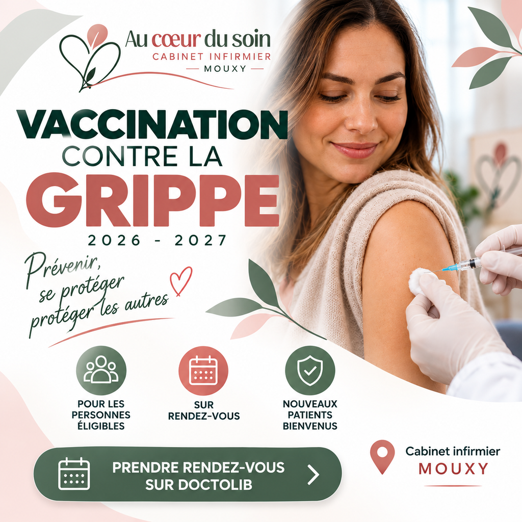 Affiche de vaccination contre la grippe 2026-2027 au cabinet infirmier Au cœur du soin à Mouxy, près d'Aix-les-Bains.